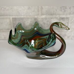 Vintage Art Glass Swan Bowl Ruffled Rim Green Amber Blue Swirl Centerpiece